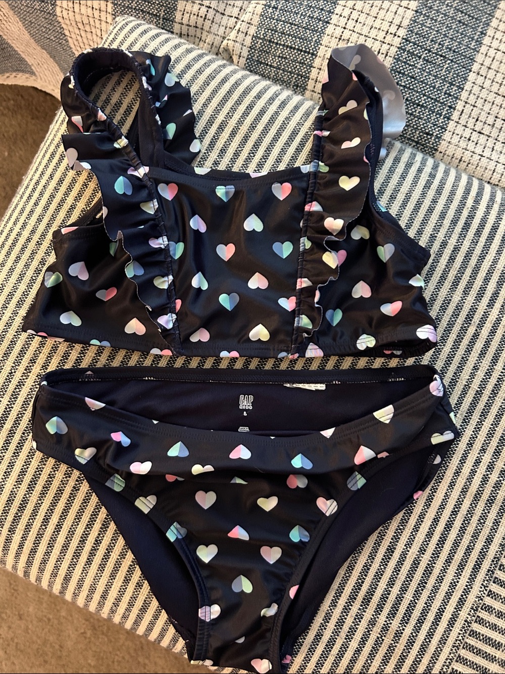 NWOT, never worn GAP Kids Black Heart Print Ruffle Two-Piece Swim Set